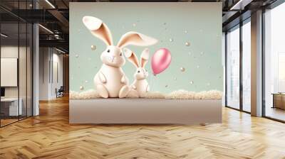 Two cute cartoon surprised bunny with pink balloon on abstract background. Adorable rabbit for easter spring holiday design. Wall mural