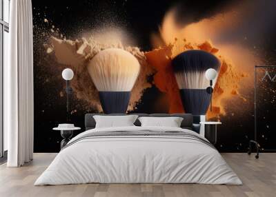 two makeup brushes with powder coming out of them on a black background Wall mural