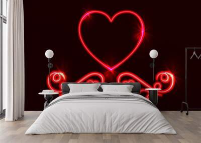 Vector Neon Calligraphic Design Element with Shining Red Heart, Isolated. Wall mural