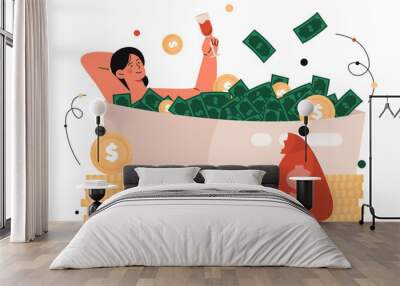 Woman in bath with money Wall mural