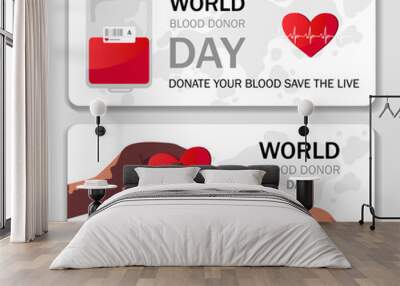 World blood donor day posters set. Hands with hearts. Generosity, kindness and charity. International holiday and festival 14 august. Flat vector collection Wall mural