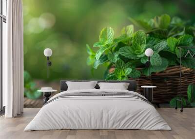 Mint. Bunch of fresh green organic mint leaves on a wooden table closeup. Selective focus. Wall mural