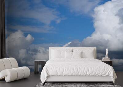 Abstract background texture of white clouds and blue sky. Thick cumulus clouds. Copy space Wall mural