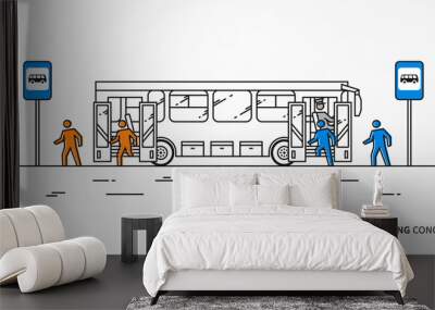 Bus boarding and debussing vector illustration. Public transport with driver and people (passengers), who come in and come out bus. Wall mural