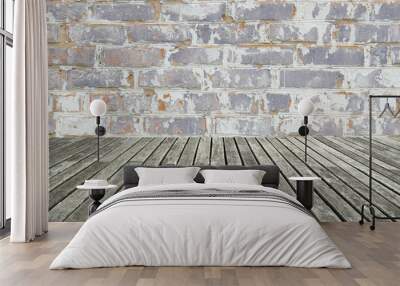 white brick wall and wood floor Wall mural