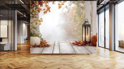 pumpkins and leaves archway with lantern, fall background for photography backdrop Wall mural