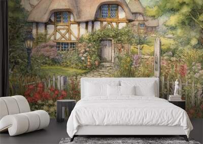 watercolor drawing of an English style villa in a summer garden Wall mural