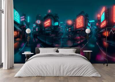 Full 360 degrees seamless spherical panorama HDRI equirectangular projection of Cyberpunk Night City Tron Future. Texture environment map for lighting and reflection source rendering 3d scenes. Wall mural