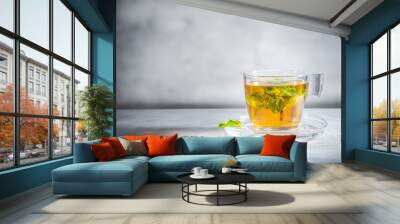 Mint tea with leaves in glass cup on gray background, front view Wall mural