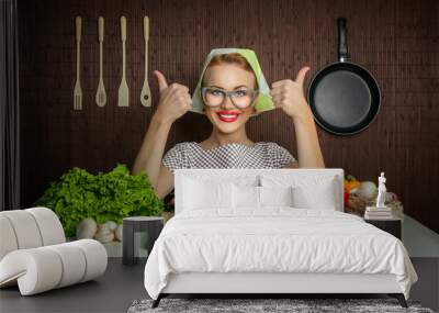 Woman cook with okay sign cut carrot-vintage concept Wall mural