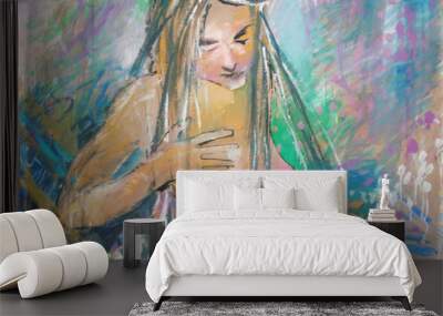 A unique painting. the naked girl straightens her hair Wall mural