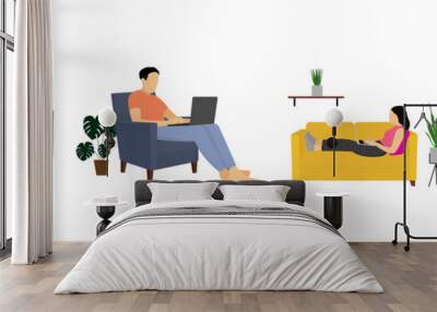 Work at home in quarantine. Men and women work as freelancers on laptops at home. Illustration in a flat style. Wall mural