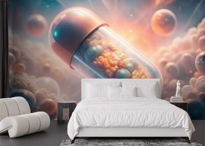 3D futuristic medical capsule with abstract molecular patterns and tablet in pastel colors. A digital futuristic concept for future medical technology research related to biotechnology. Wall mural