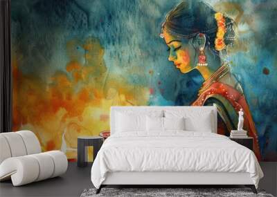 A close-up of a woman holding a lit candle, creating warm and cozy atmosphere Wall mural