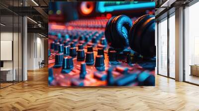 A close-up view of a colorful professional audio mixing console in a vibrant studio. Wall mural