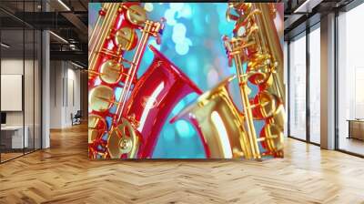 A close-up view of a saxophone sitting on a table, perfect for music or product related uses Wall mural