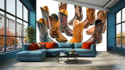 A collection of colorful cowboy boots on a white background Wall mural