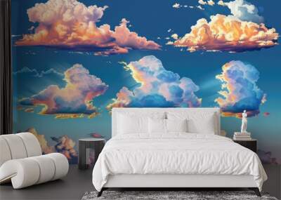 A collection of fluffy clouds floating in the blue sky, ideal for backgrounds or weather-related concepts Wall mural