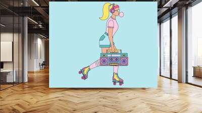 A girl with roller skates. Fashionable girl with tape recorder riding roller skates. Retro fashion style from 80-90s. Vector illustration. Wall mural