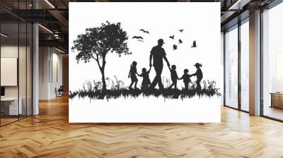 A man walking with two children in an open field, enjoying the outdoors Wall mural