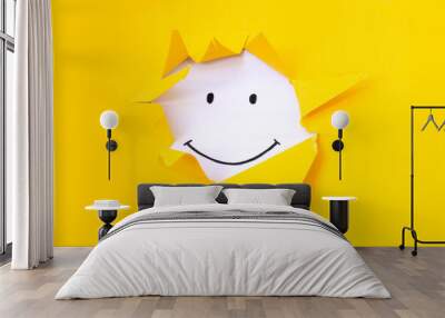 A painted smile on a yellow background. Positive thinking concept. having some bad feeling just keep smiling Wall mural