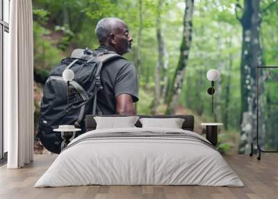 A person carrying a backpack walks along a forest path, surrounded by trees and foliage Wall mural