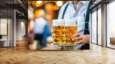 A person holding two mugs of beer on a tray, perfect for cafe or bar scenes Wall mural