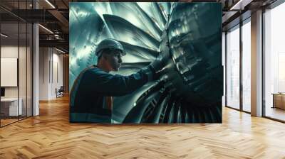 A person in a hard hat and protective gear working on the components of a jet engine Wall mural