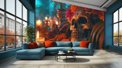 A skull surrounded by flowers and candles on a table, great for Halloween or Day of the Dead themes Wall mural