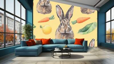 A watercolor illustration of a rabbit surrounded by colorful carrots Wall mural