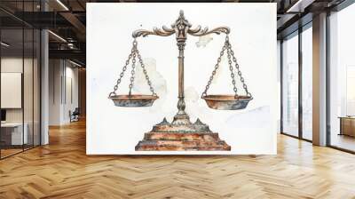 A watercolor illustration of a scale of justice with an innocent and wise expression, great for law or courtroom themed designs Wall mural