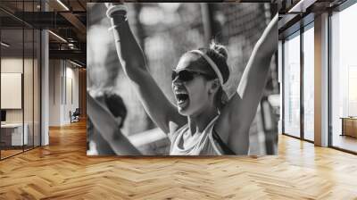 A woman holds a tennis racket on a tennis court Wall mural