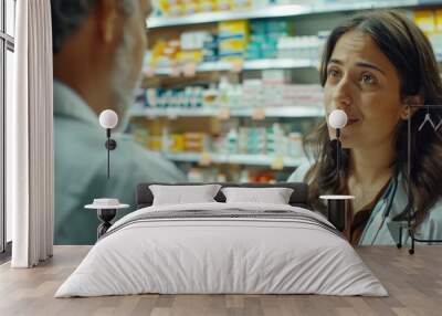 A woman speaking with a man at a pharmacy counter, likely discussing medication or health advice Wall mural