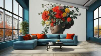 A woman wearing a beautiful flower crown, suitable for wedding, festival or garden themed images Wall mural