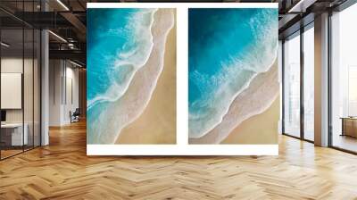 Aerial view of sea wave with white foam and light beige sand. Fluid, pour drawing of epoxy resin. Summer sunny beach painting, seascape, shore. Resin art Wall mural