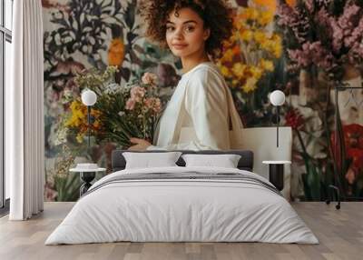 Afro American woman with tote bag mockup. Female model holds shopping back, in flower shop, indoor lifstyle. White canvas tote, blank template.  Wall mural