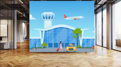 Airport terminal building, yellow taxi car, plane taking off in the background. Passenger with suitcase goes to the taxi. Travelling by plane concept. Vector illustration. Wall mural