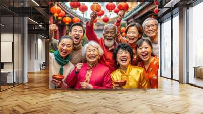 Asian people celebrating Chinese new year in chinatown with lanterns.  Wall mural