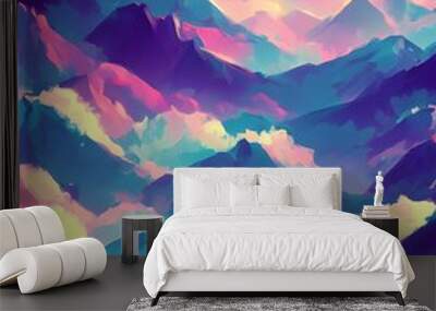 Beautiful aesthetic landscape of towering mountains with a sky full of clouds, magenta color palette Wall mural