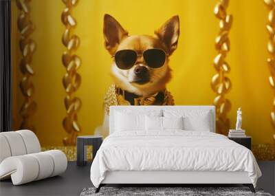 Portrait of a funny dog wearing glasses and a gold chain. Small smiling dog on a bright trendy yellow background. AI generated Wall mural