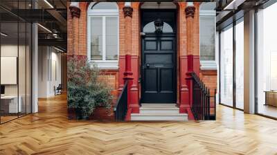 Black front door of a traditional house in London, UK. Wall mural