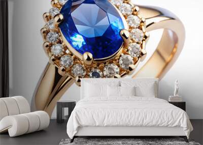 Blue Sapphire And Diamonds Gold Ring, Isolated On White Background Wall mural