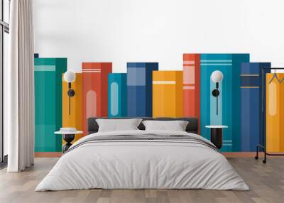 Book shelf with multicolored book spines. Books on a shelf. Vector illustration in flat style. Wall mural