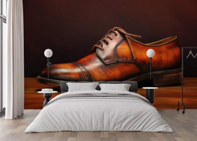 Brown leather shoes in modern design. on black background. Wall mural