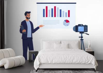 Businessman presenting new project on camera. He is showing graphs and pie charts. Coach giving presentation to clients online. Vector illustration. Wall mural