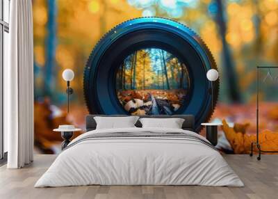 camera lens highlighting the vibrant, verdant beauty of a forest, reveling in the art of photography. Wall mural