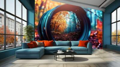 camera lens highlighting the vibrant, verdant beauty of a forest, reveling in the art of photography. Wall mural