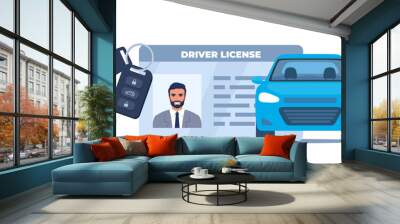 Car driver license identification with photo, keys and car. Vector illustration. Wall mural