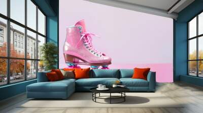 Close-up of pink roller retro skates with glitter, covered in glitter, on a plain pink background. Summer hobby season, sports lifestyle, vacation concept, 80s fashion. Background with copy space Wall mural