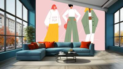 Collection of diverse modern women wearing trendy clothes. Casual stylish street fashion outfits. Girl power concept. Hand drawn characters colorful vector illustration. Wall mural